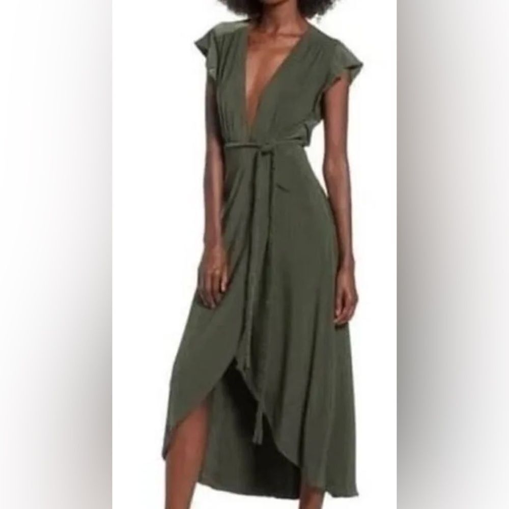 Misa Los Angeles Green Wrap Maxi Dress with Flutter Sleeves